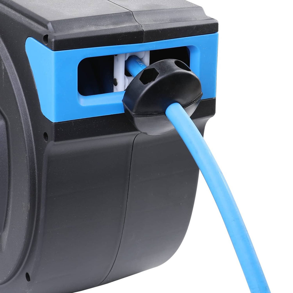 Black ball stopper holding a blue air hose in place