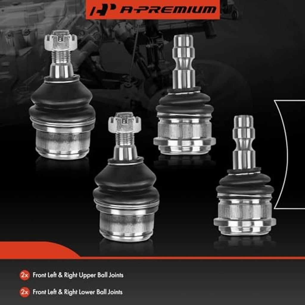 Ball joint set showing four assemblies with black boots and chrome-style housings