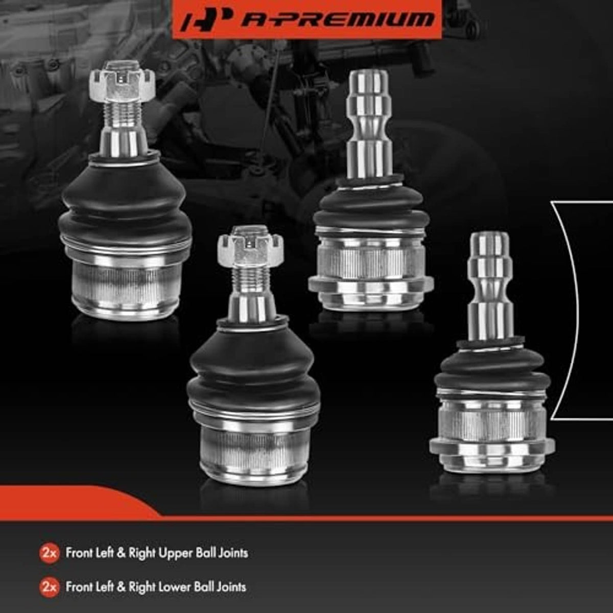Ball joint set showing four assemblies with black boots and chrome-style housings