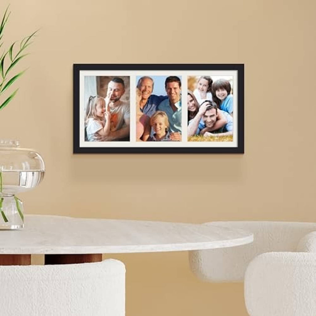 Black collage picture frame with three family photos in a horizontal layout