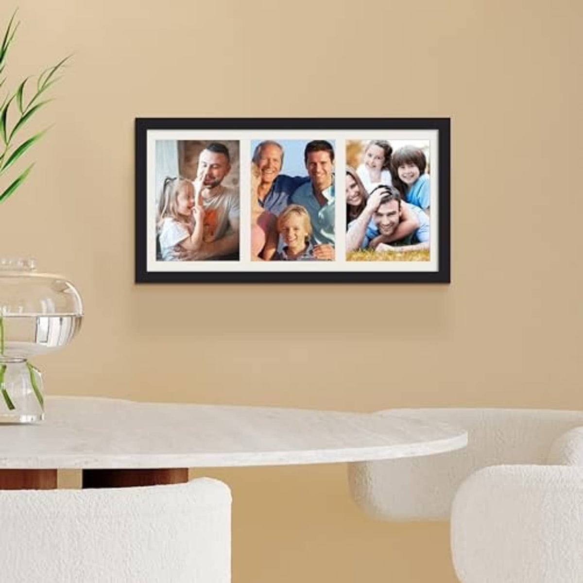 Black collage picture frame with three family photos in a horizontal layout