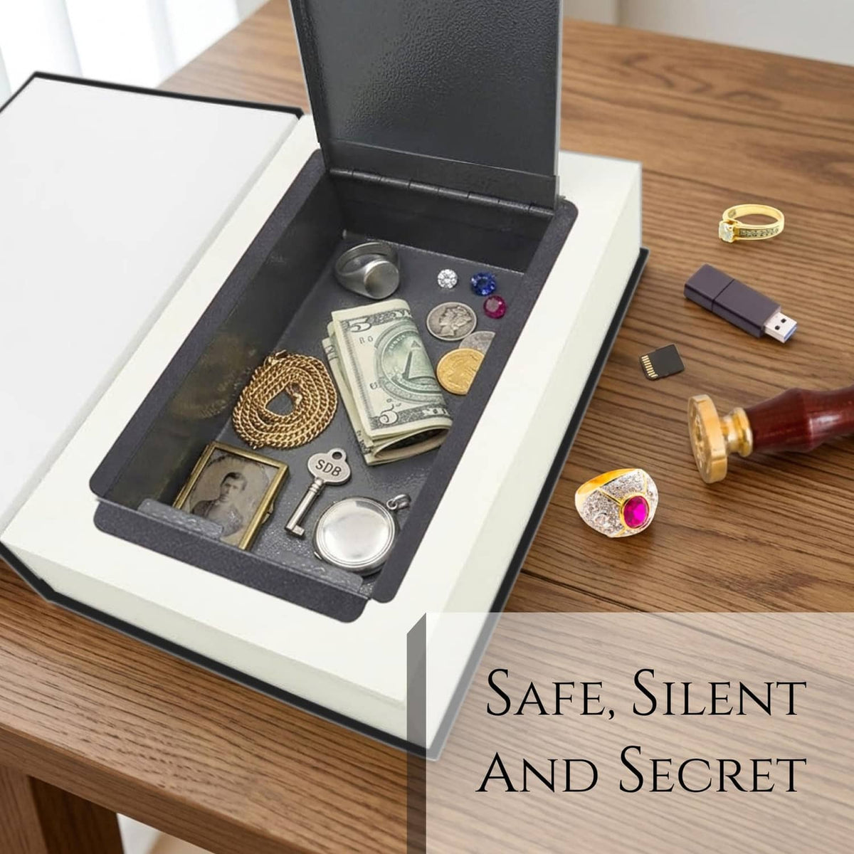Open black book safe with combination lock tray holding coins and jewelry