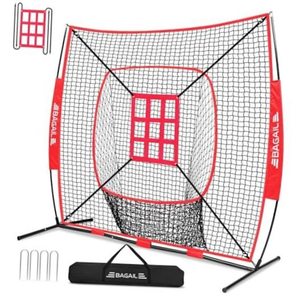 Red and white 7x7 ft baseball/softball practice net with square strike zone target