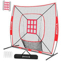 Red and white 7x7 ft baseball/softball practice net with square strike zone target