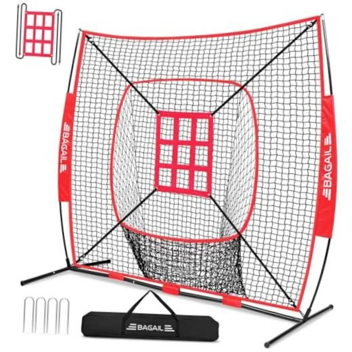 Red and white 7x7 ft baseball/softball practice net with square strike zone target