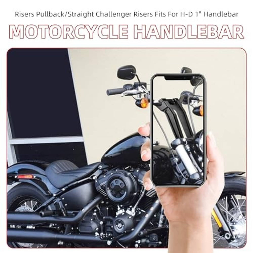 Black clamp-on motorcycle handlebar risers installed, shown on handlebar area near controls