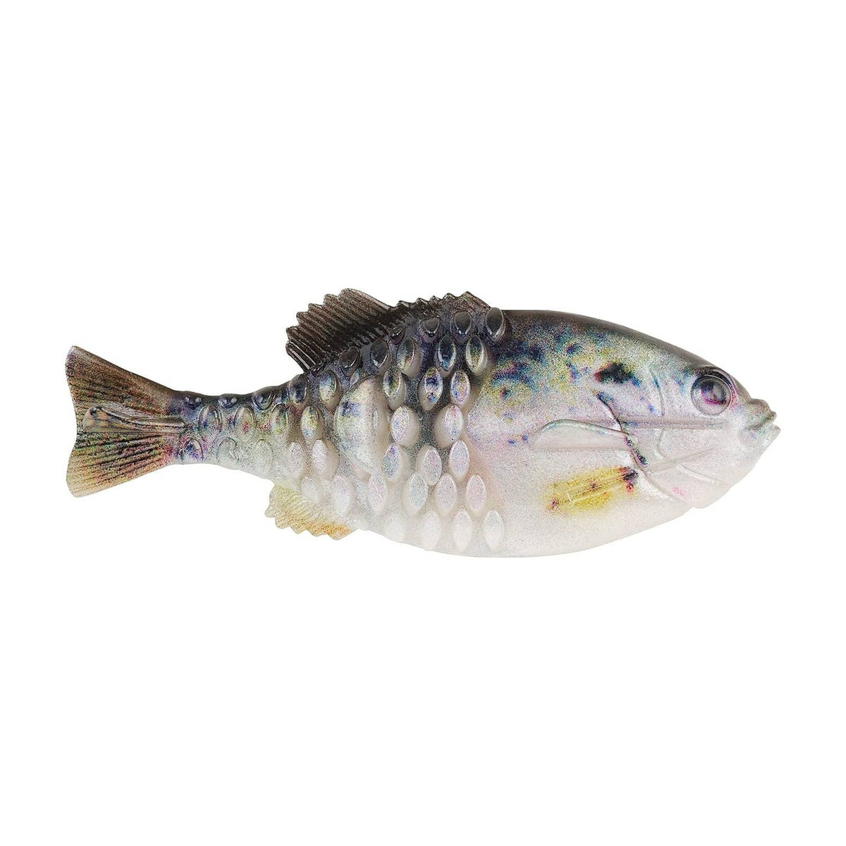 Blue-silver fishing lure with gill-style body, white belly, and ribbed tail
