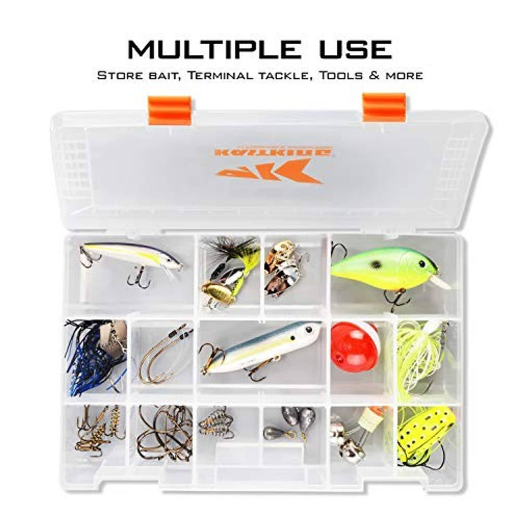 Clear tackle box open with multiple lure compartments and orange latch