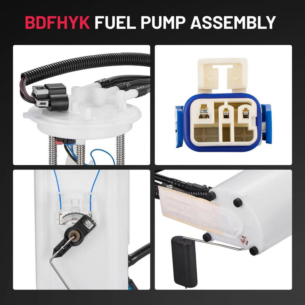 Fuel pump assembly with electrical connector and mounting module shown from multiple angles