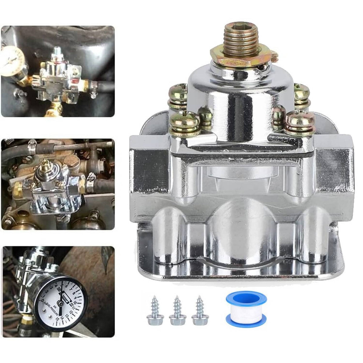 Chrome fuel pressure regulator with brass fittings and mounting screws, 2-port style