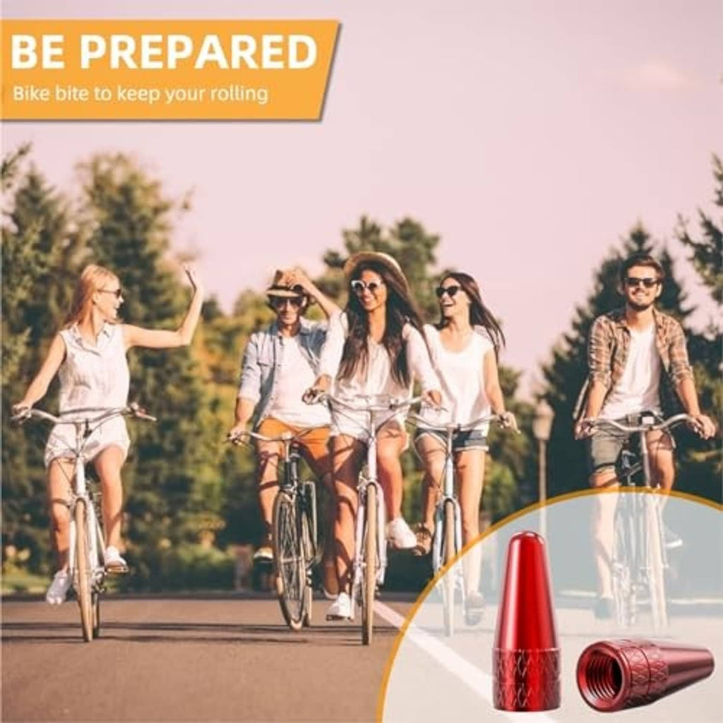 Red Presta valve caps, 2-pack, shown with outdoor cycling scene and bike wheel