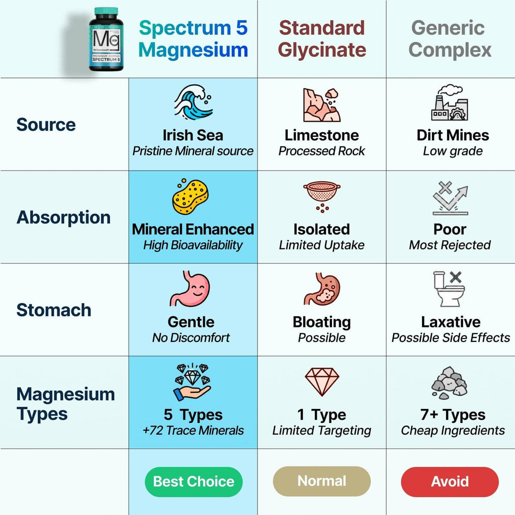 Magnesium supplement comparison chart showing forms, absorption, stomach effects, types