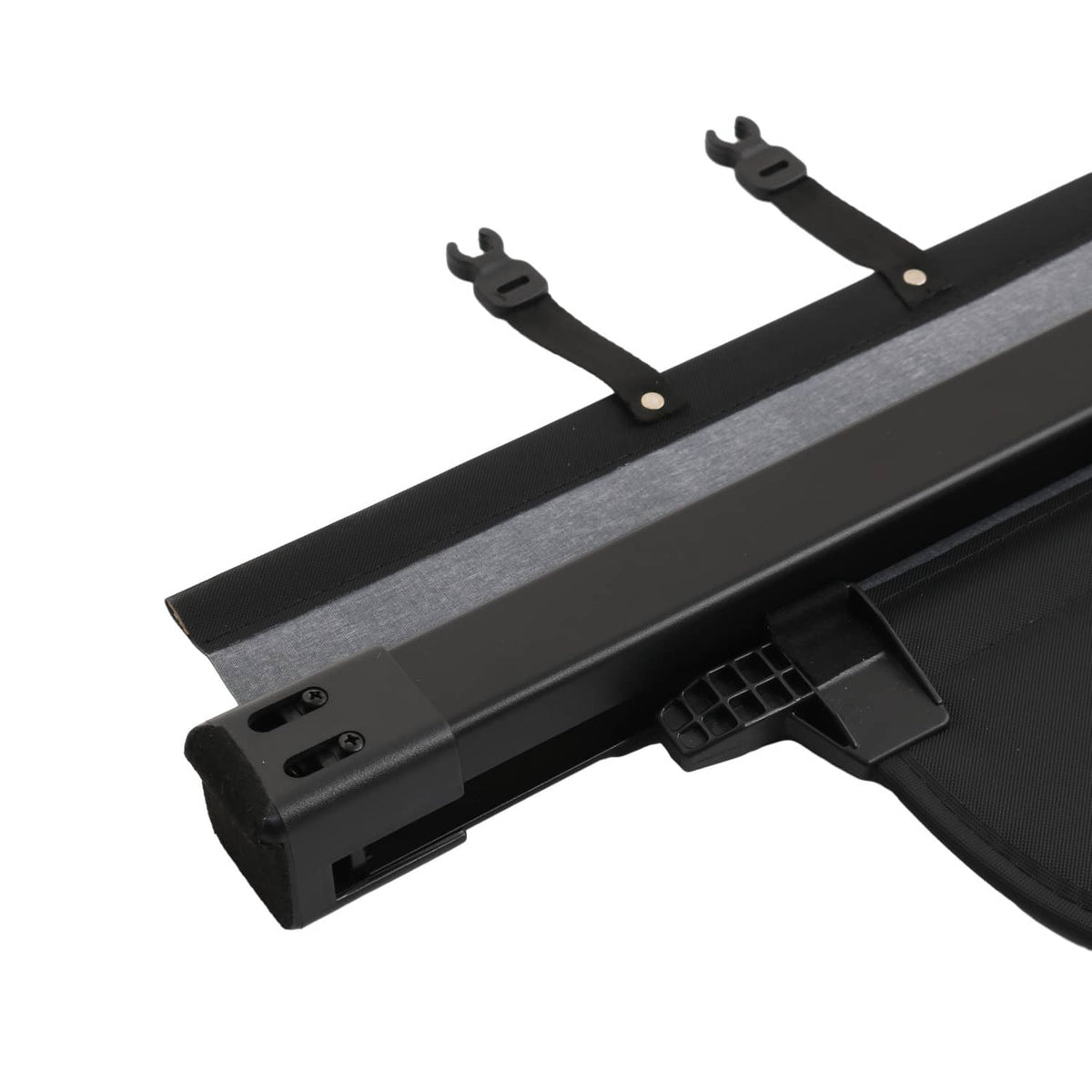 Black rear trunk security cargo cover with mounting clips and bracketing bar