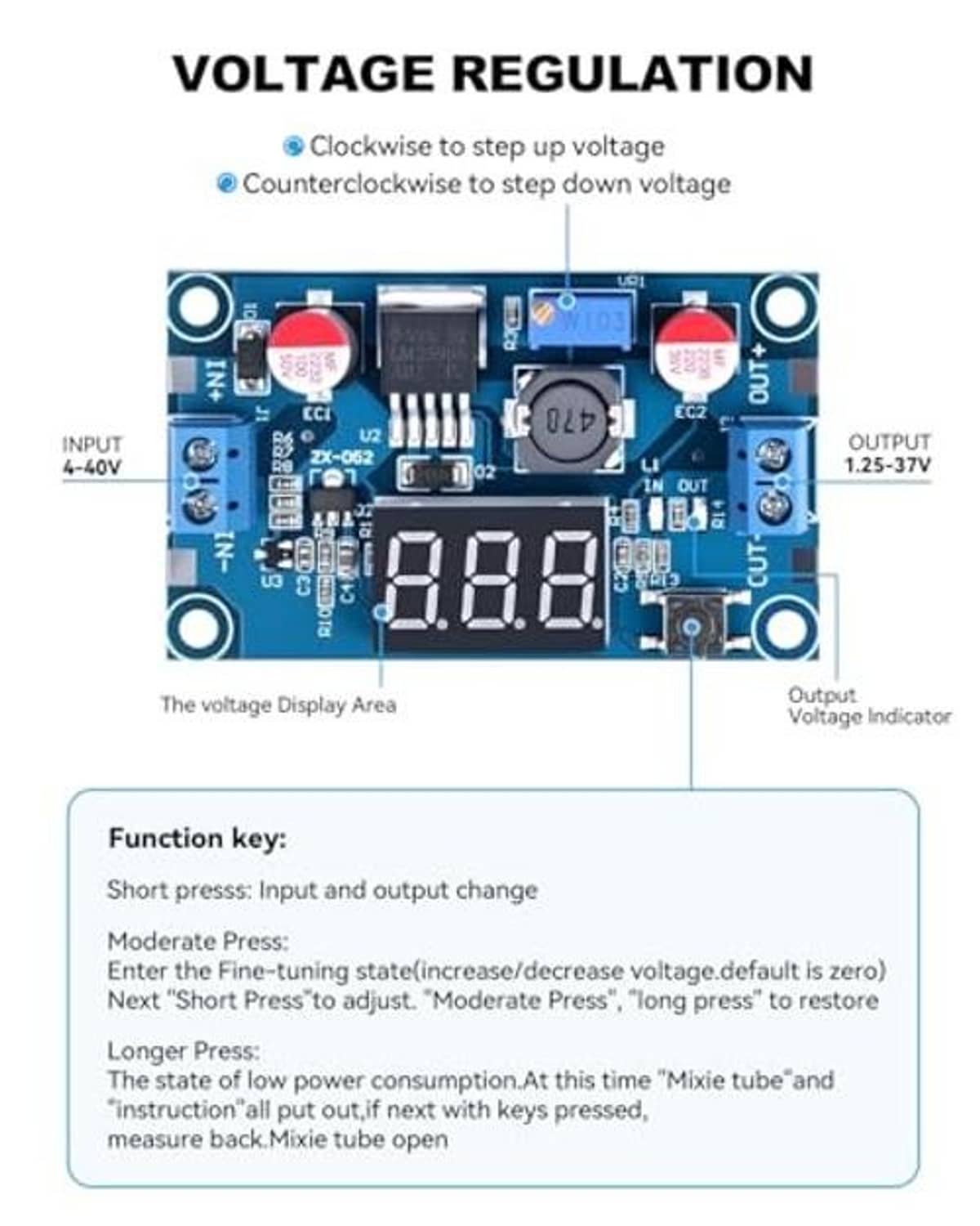 Blue LM2596 buck converter PCB with central IC, 7-segment LED display, and input/output markings