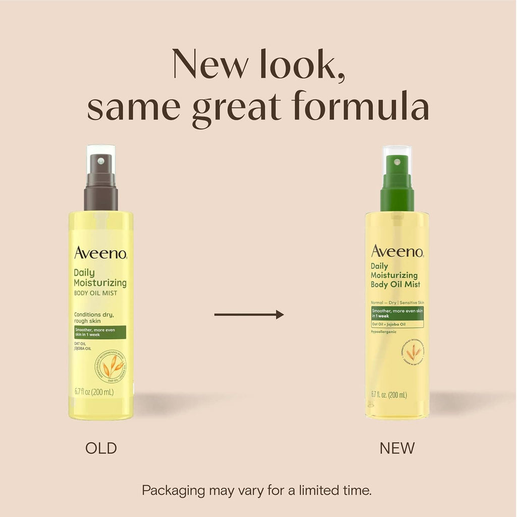 Aveeno Daily Moisturizing Body Oil Mist comparison bottles: yellow and green