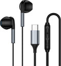 Wired USB-C earbuds set with black/silver earbuds and inline controller cable
