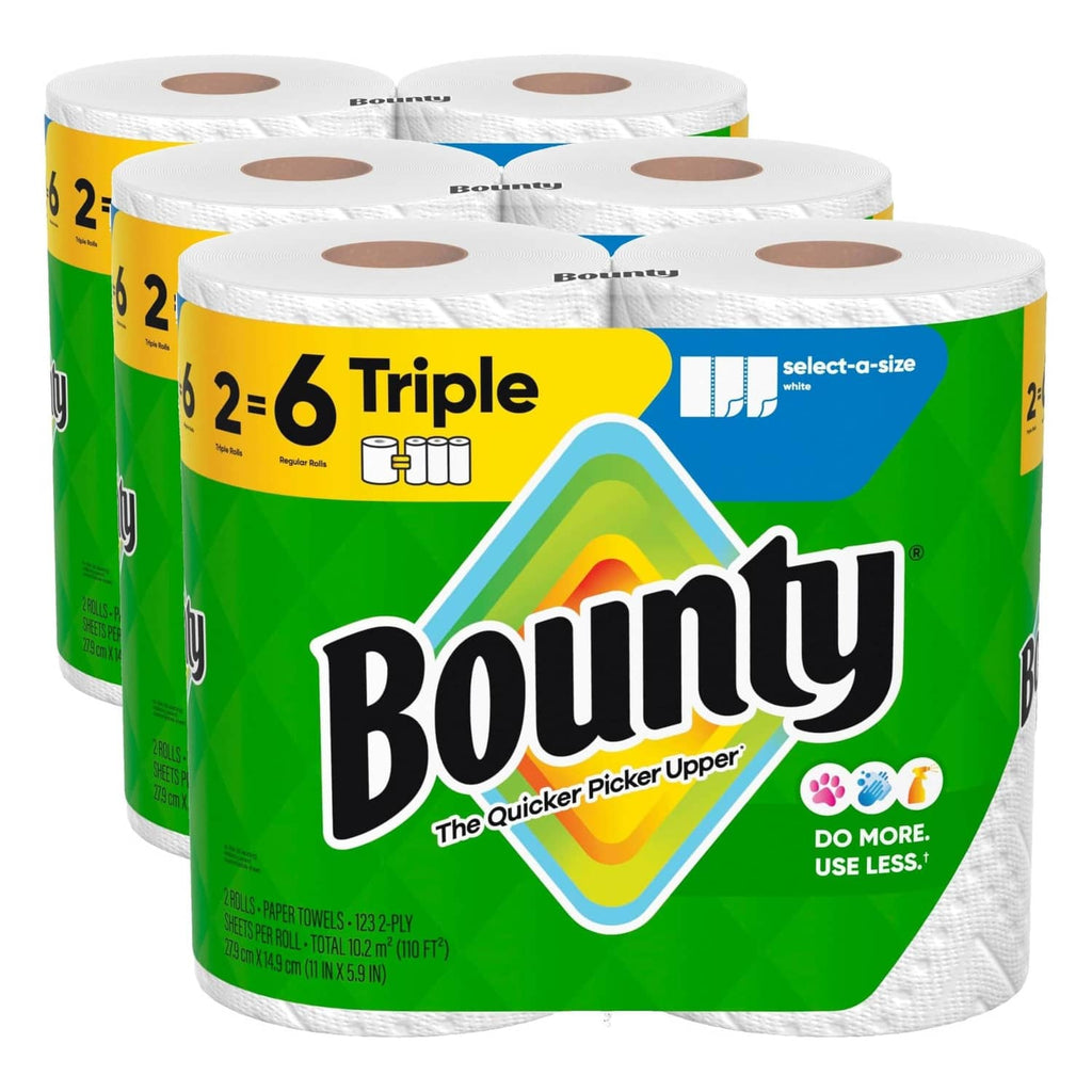 Stacked white paper towel rolls with Bounty branding, Select-A-Size packaging