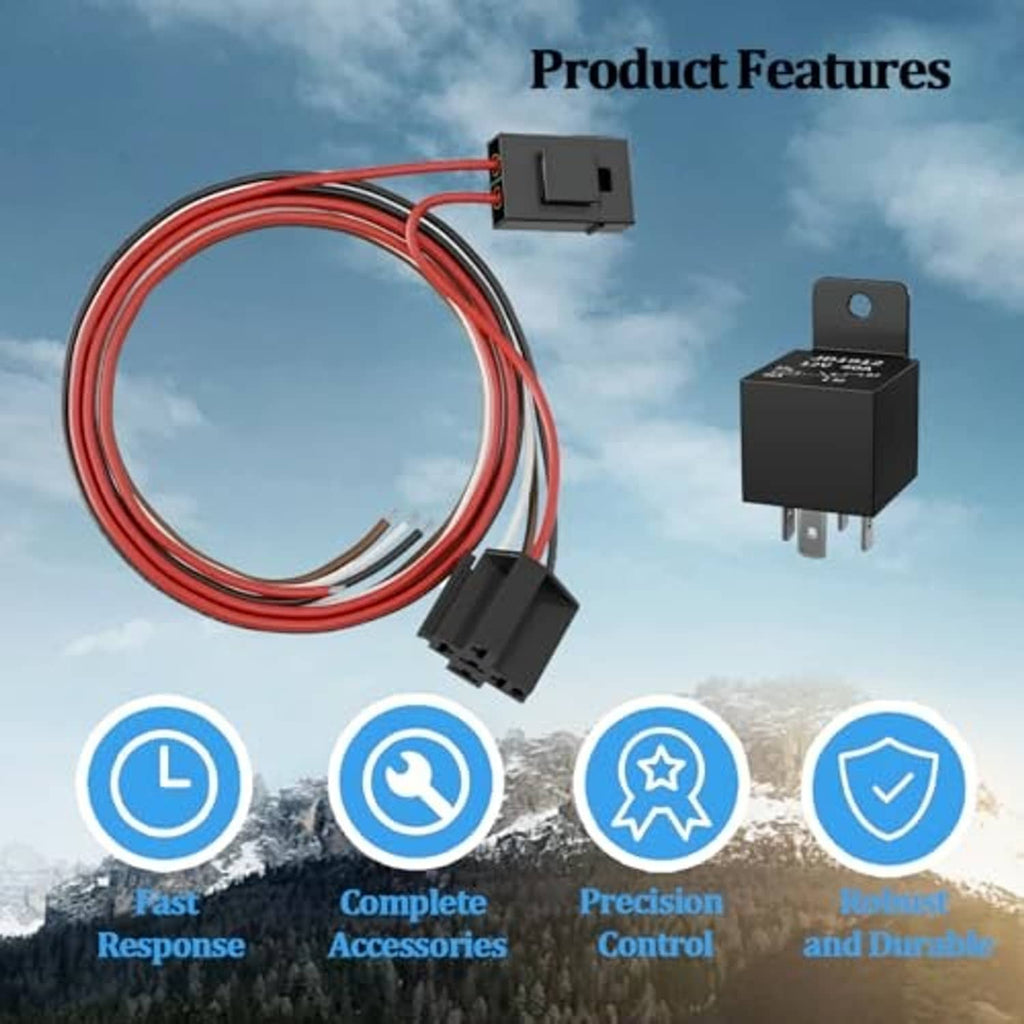 Automotive electric fan relay kit with coiled red wiring harness and black relay switch