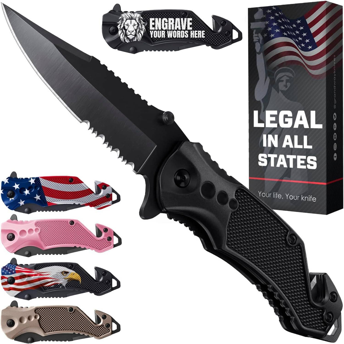 Black folding pocket knife with serrated blade and textured grip, shown with product box