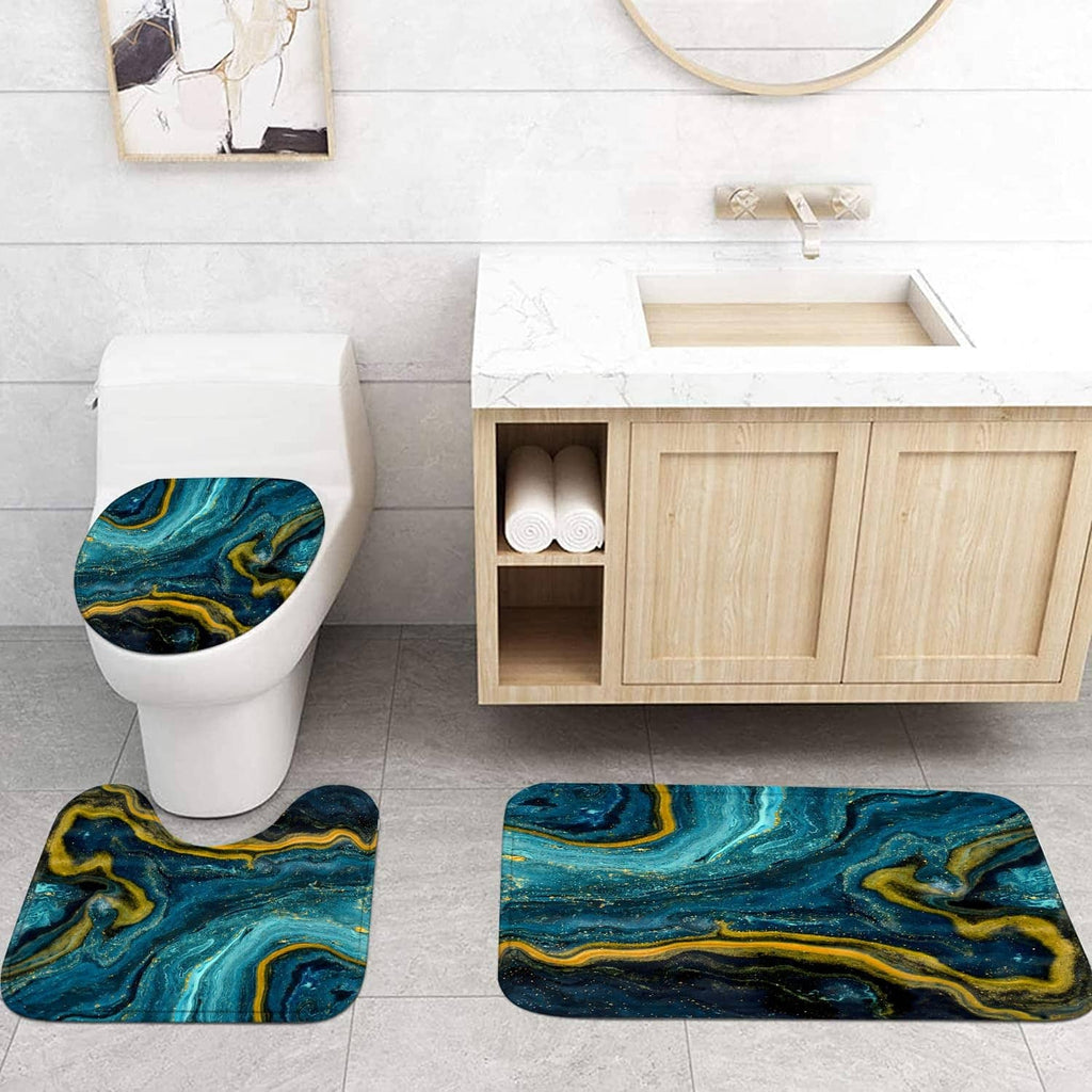 Teal blue marble-pattern toilet and bath rug set with matching corner mat