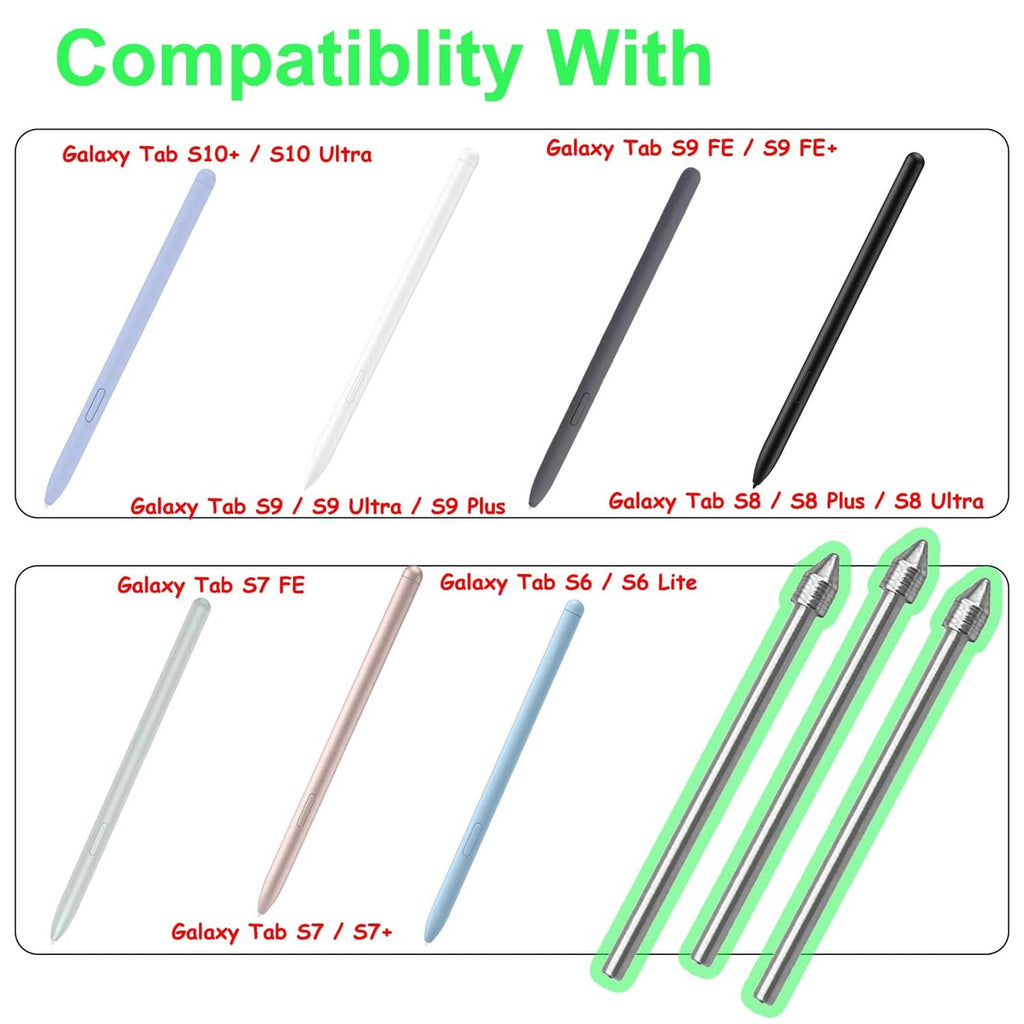 Metal pen nib tips set displayed with multiple silver and colored pen housings