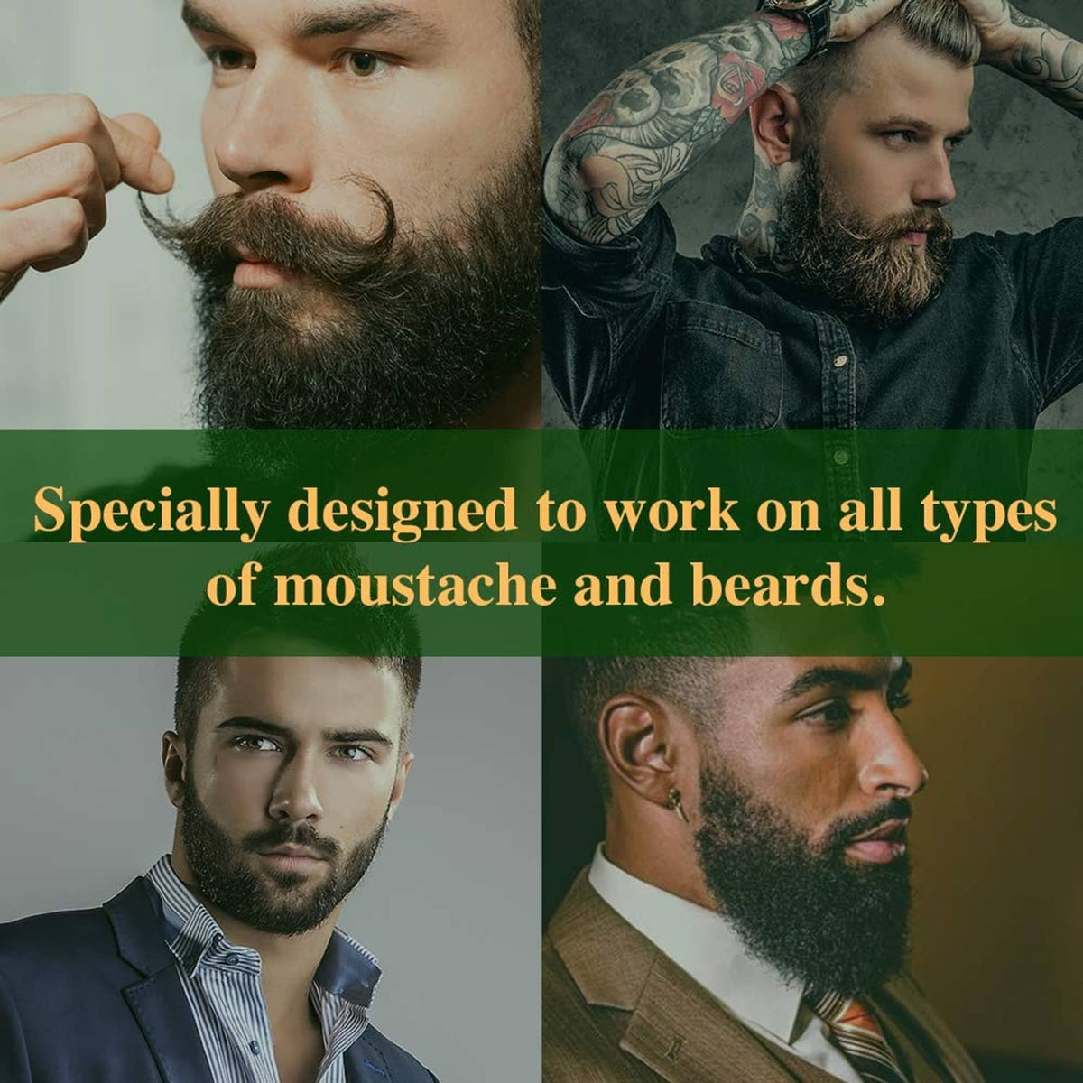 Mustache and beard styling wax promo with men grooming their facial hair