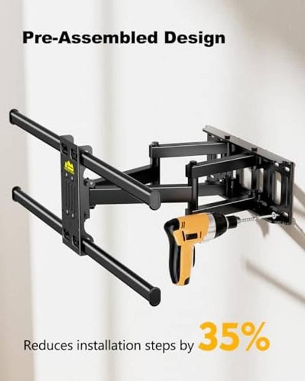 Pre-assembled TV wall mount with power outlets, black bracket with arms ready to install