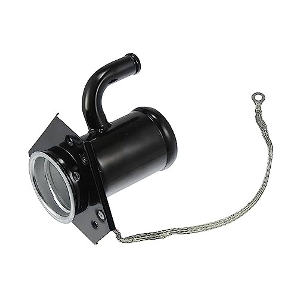 Fuel tank filler neck with black curved tube and braided tether wire