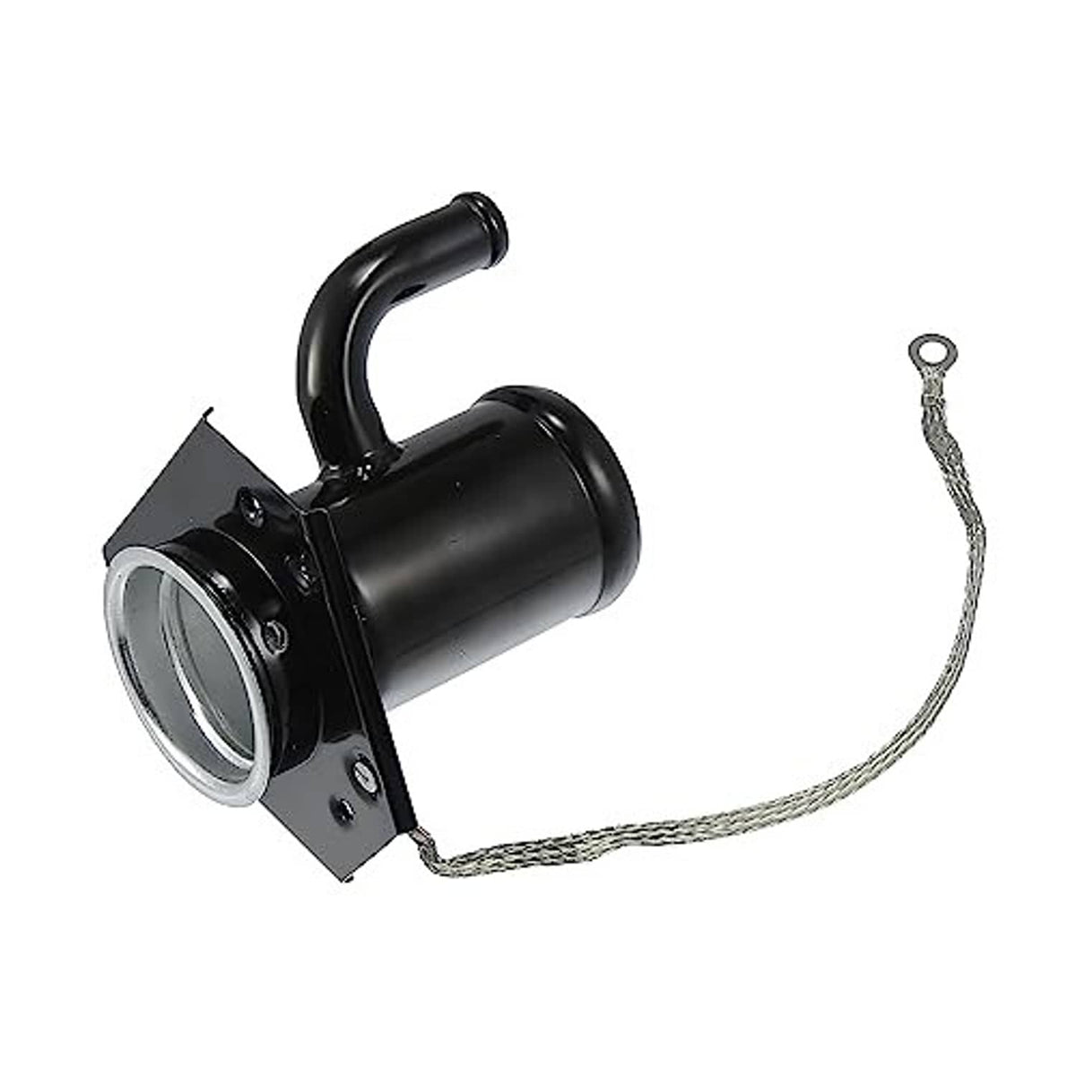 Fuel tank filler neck with black curved tube and braided tether wire