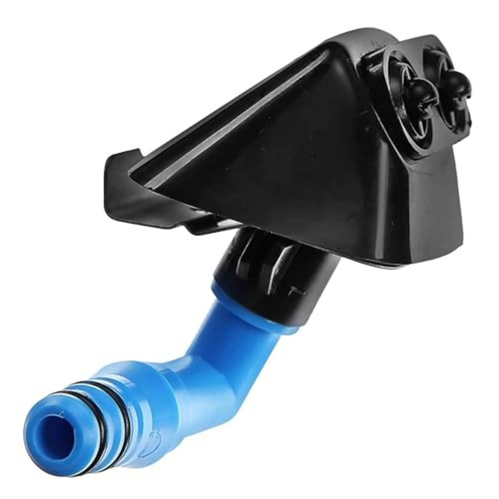 Single black headlight washer nozzle jet with blue hose and outlet