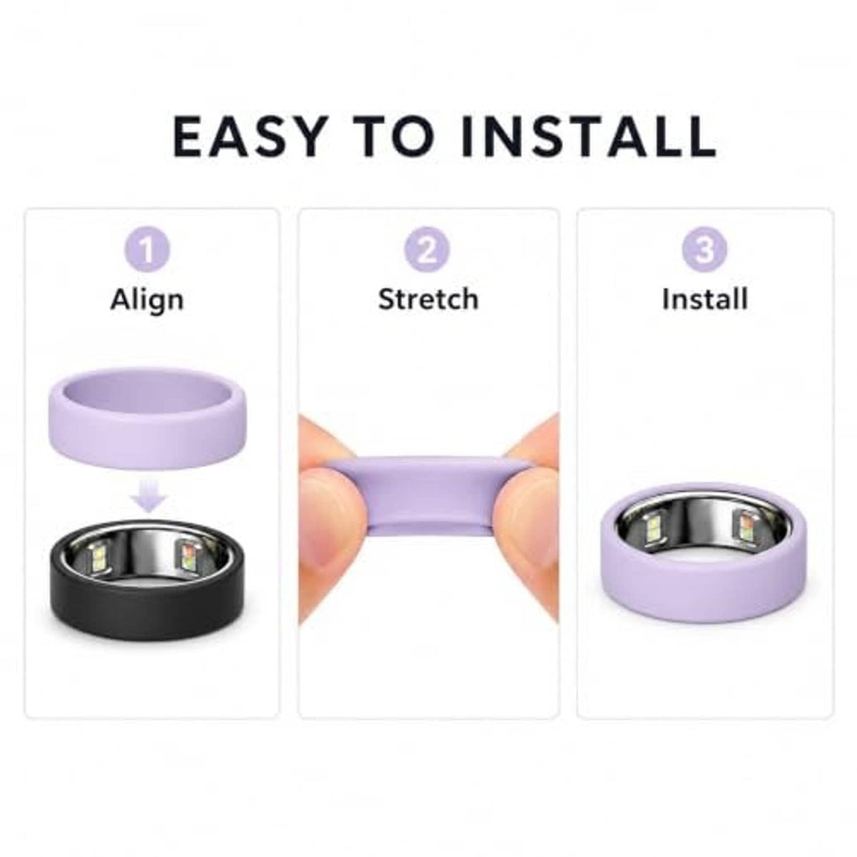 Lavender silicone ring cover installation shown in three steps: align, stretch, and install