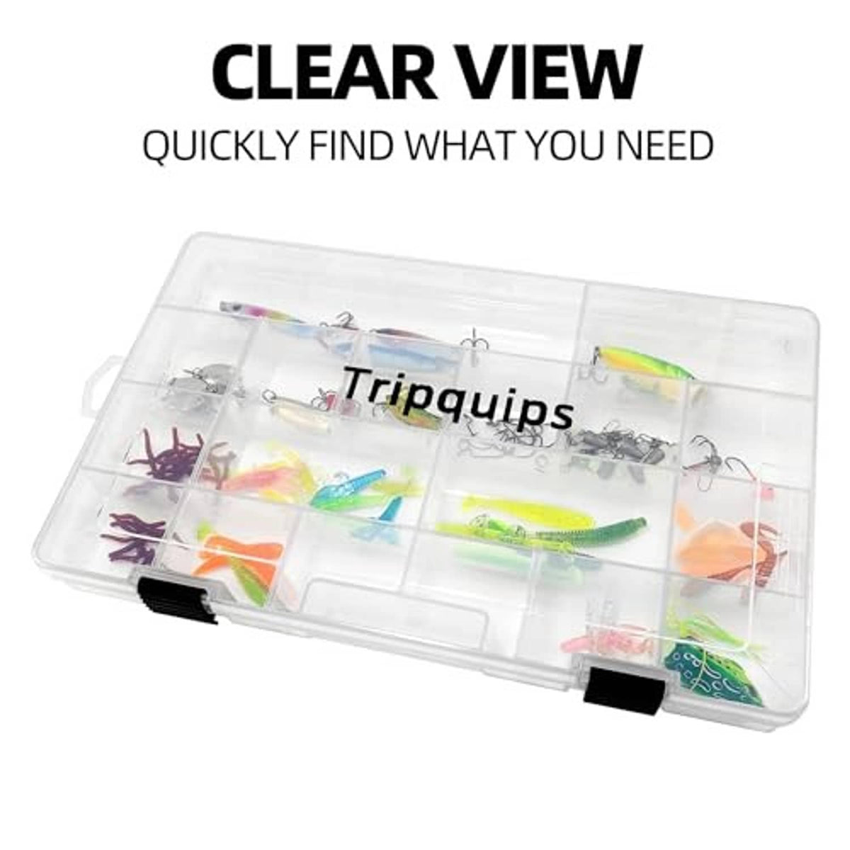 Clear tackle tray storage box with transparent lid showing compartments and lures inside