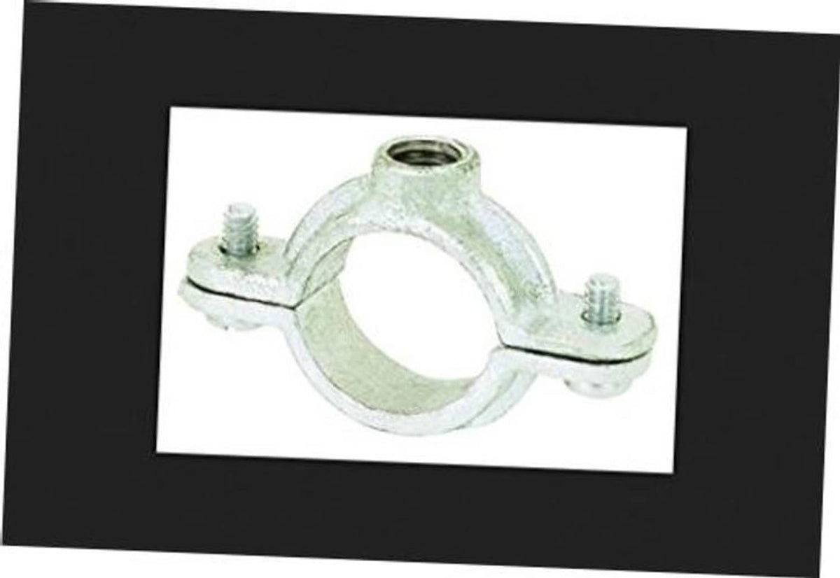 Galvanized split ring pipe hanger clamp with two bolts and threaded mounting top