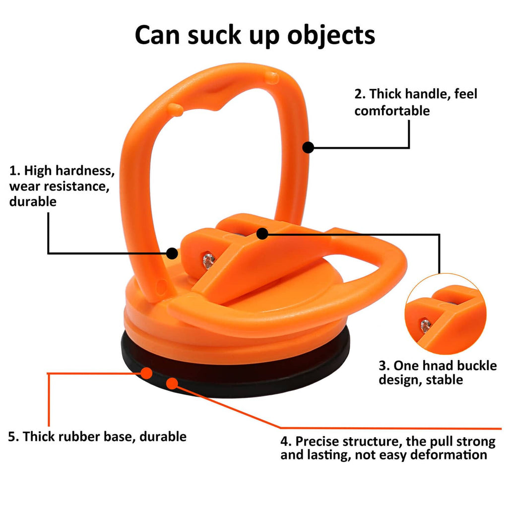 Orange suction cup dent puller tool showing handle, lever, and black base