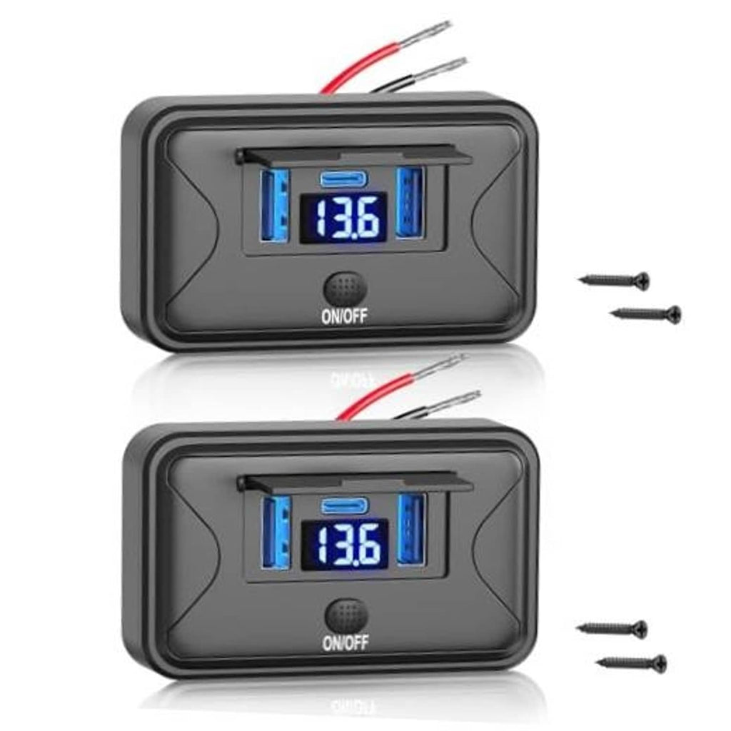 Black wall mount dual USB outlet panel with blue power display and ON/OFF switch