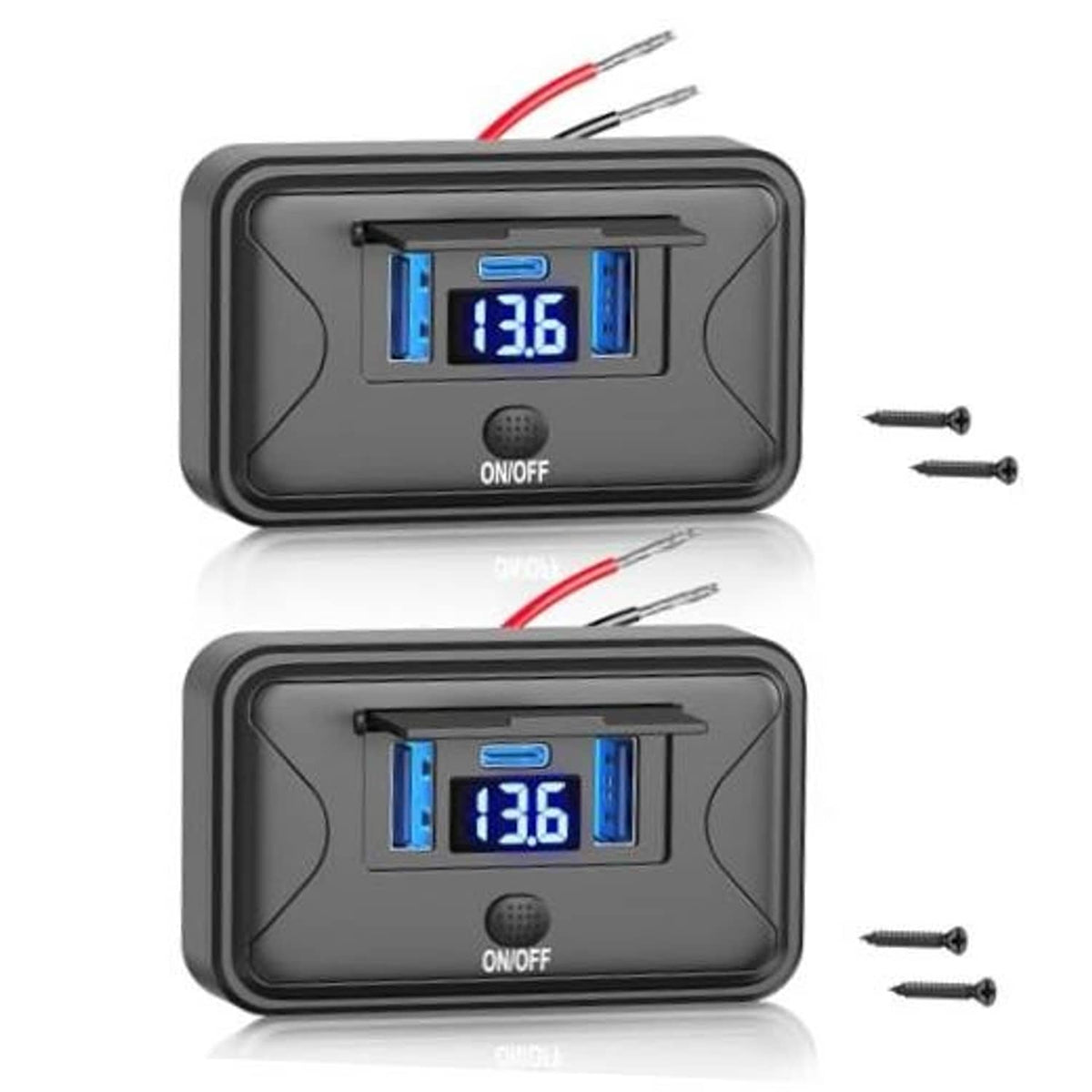 Black wall mount dual USB outlet panel with blue power display and ON/OFF switch
