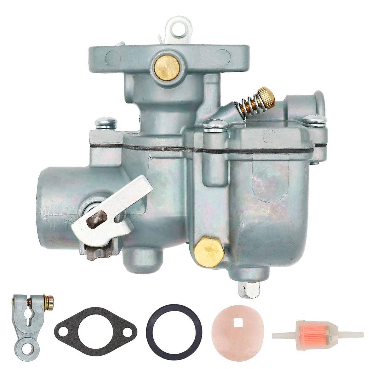 Carburetor assembly front view with intake port and throttle shaft