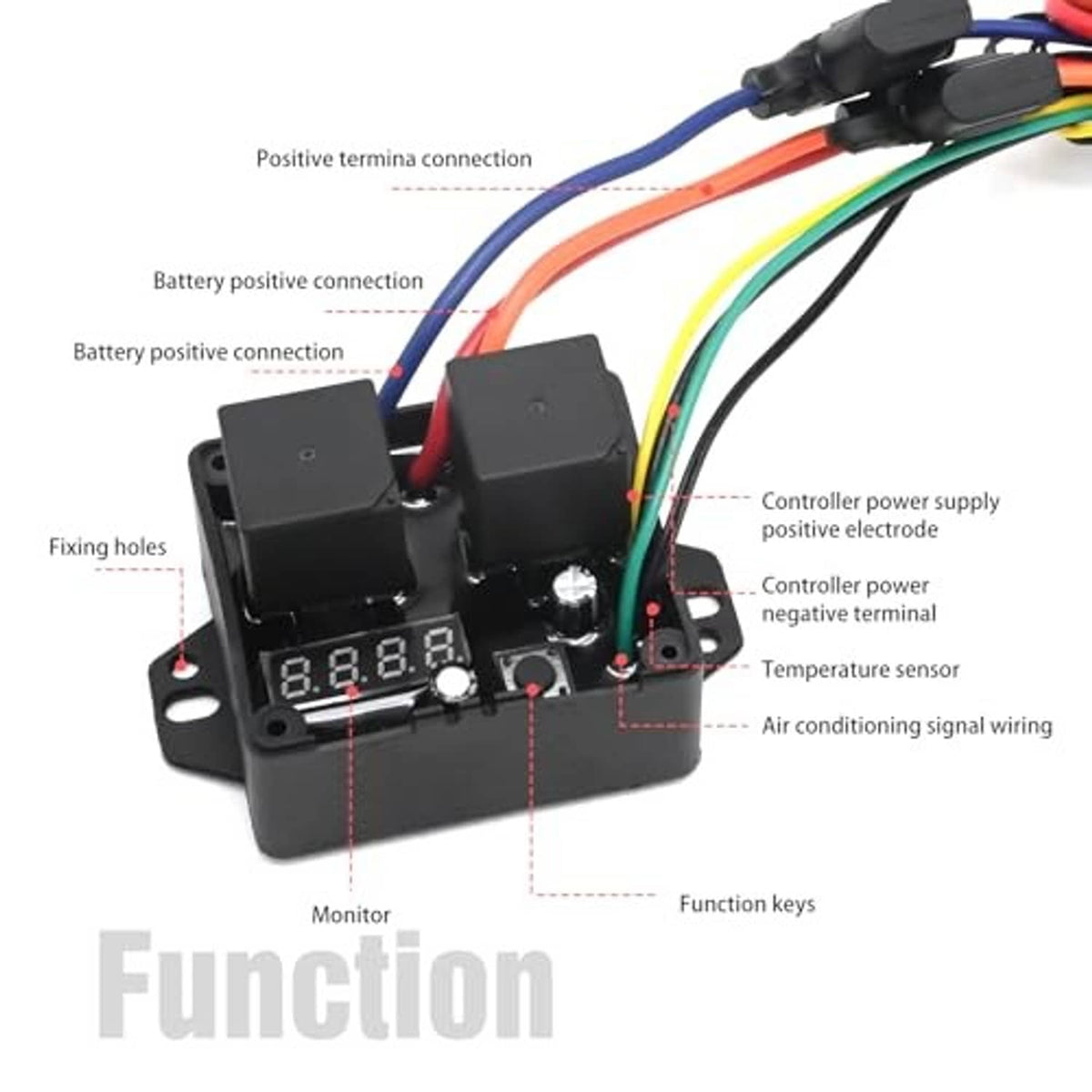 12V digital radiator fan controller module with screen, sensor port, and terminal labels