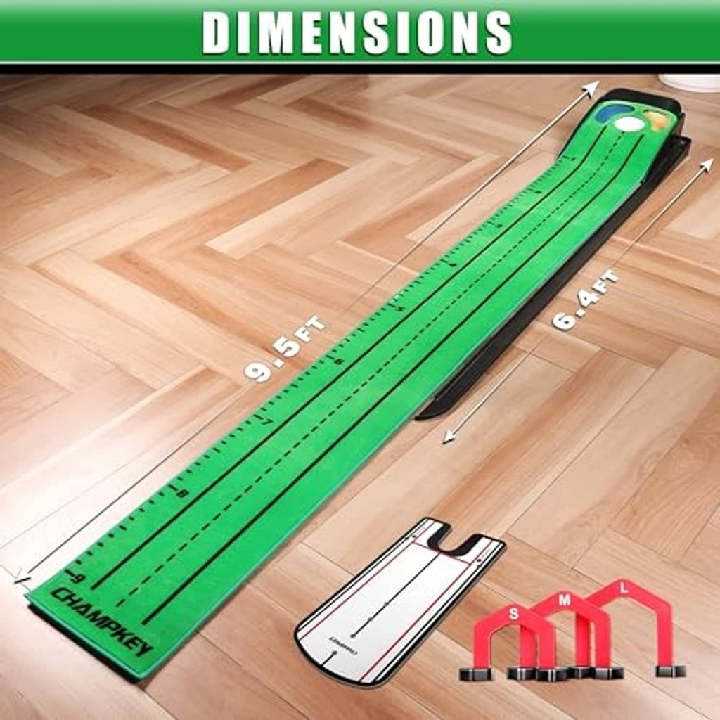 Long green golf putting mat with black frame, target hole, and included practice accessories