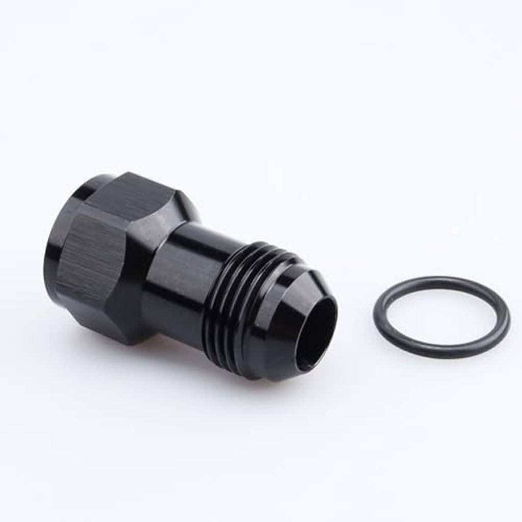 Black aluminum AN10 adapter with O-ring, side view of hex body and threads