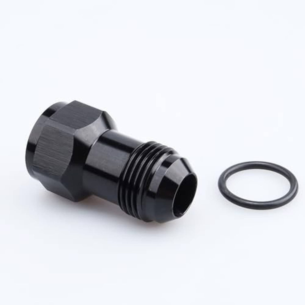 Black aluminum AN10 adapter with O-ring, side view of hex body and threads