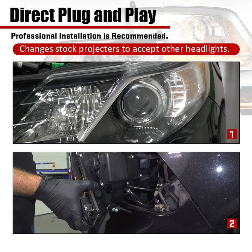 Projector headlight wiring harness for direct plug-and-play installation at the headlamp