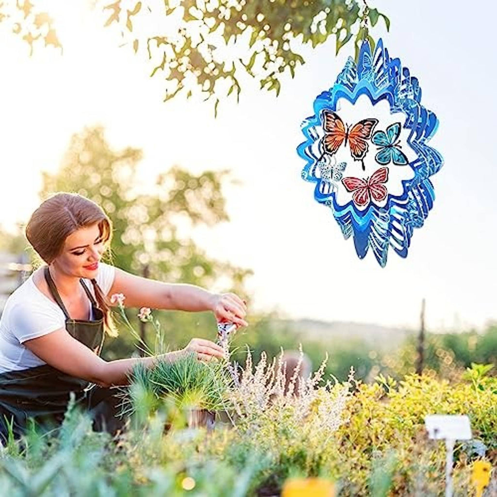 Blue 3D butterfly wind spinner with multicolor butterflies and layered stainless-steel petals