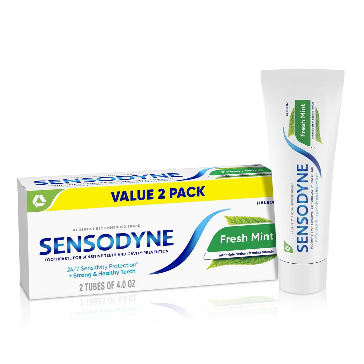 Fresh Mint sensitive toothpaste 2-pack with carton and tube, 4 oz each
