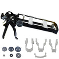 Black dual-cartridge epoxy gun with white push plates and included mounting parts