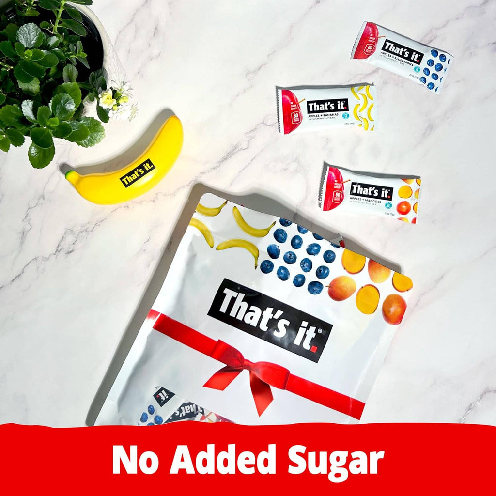 Mini fruit bars gift pouch with no added sugar claim and assorted bar packs