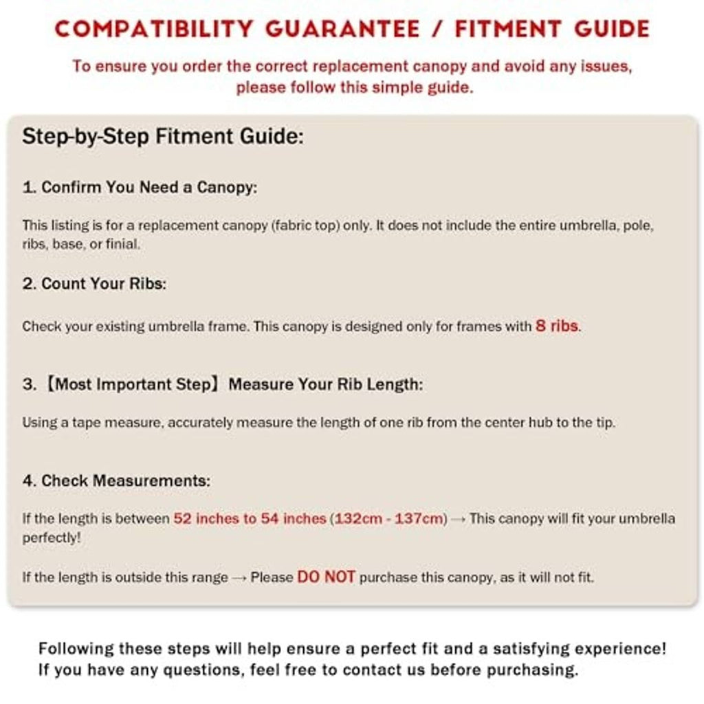 Compatibility fitment guide graphic for umbrella canopy replacement steps