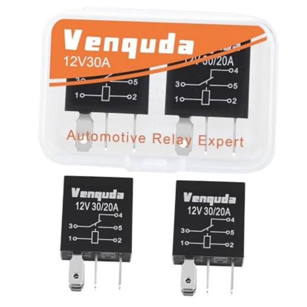 Black 5-pin 12V automotive relay, two-pack with mounting pins in clear storage case