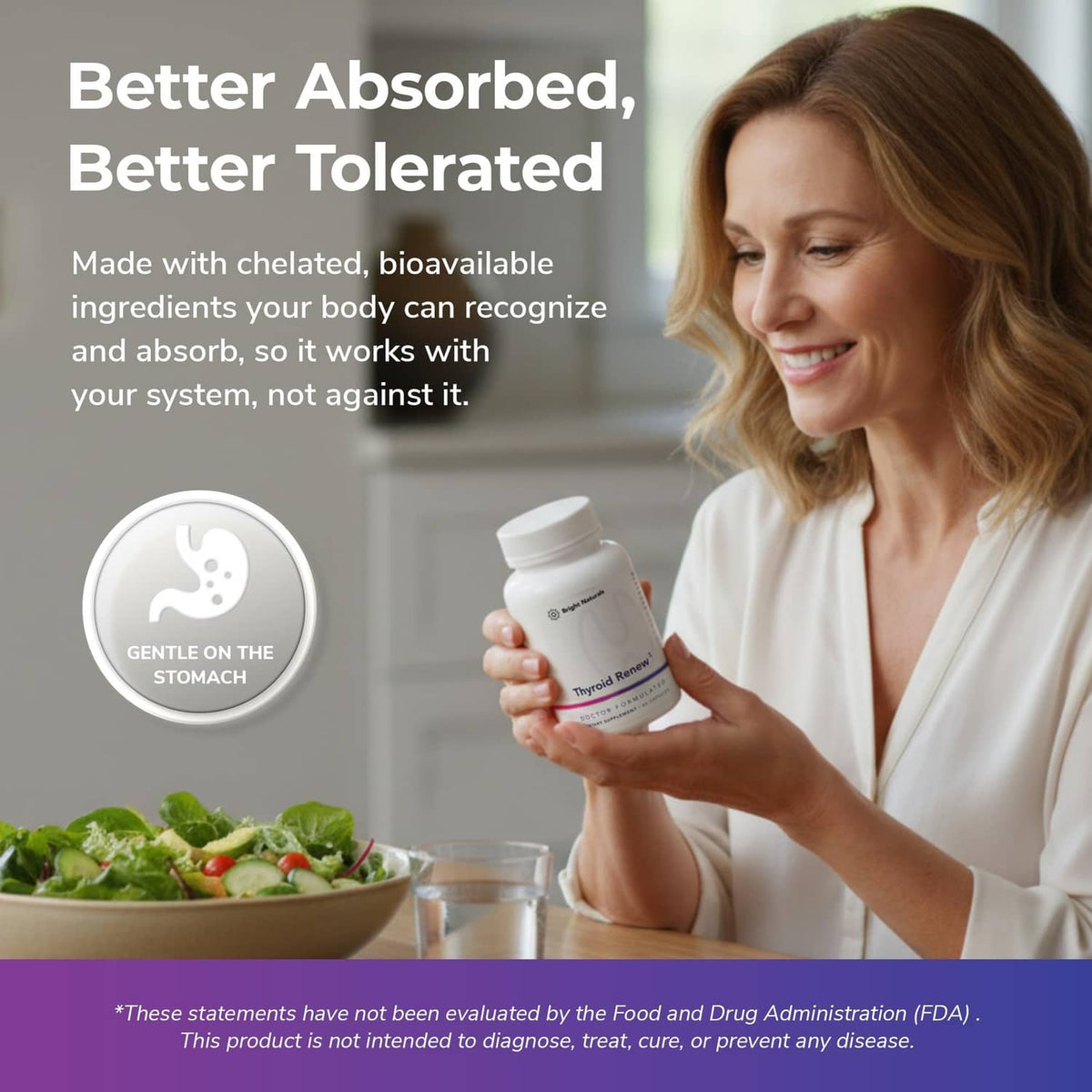 Thyroid Renew supplement bottle with white cap held by smiling woman