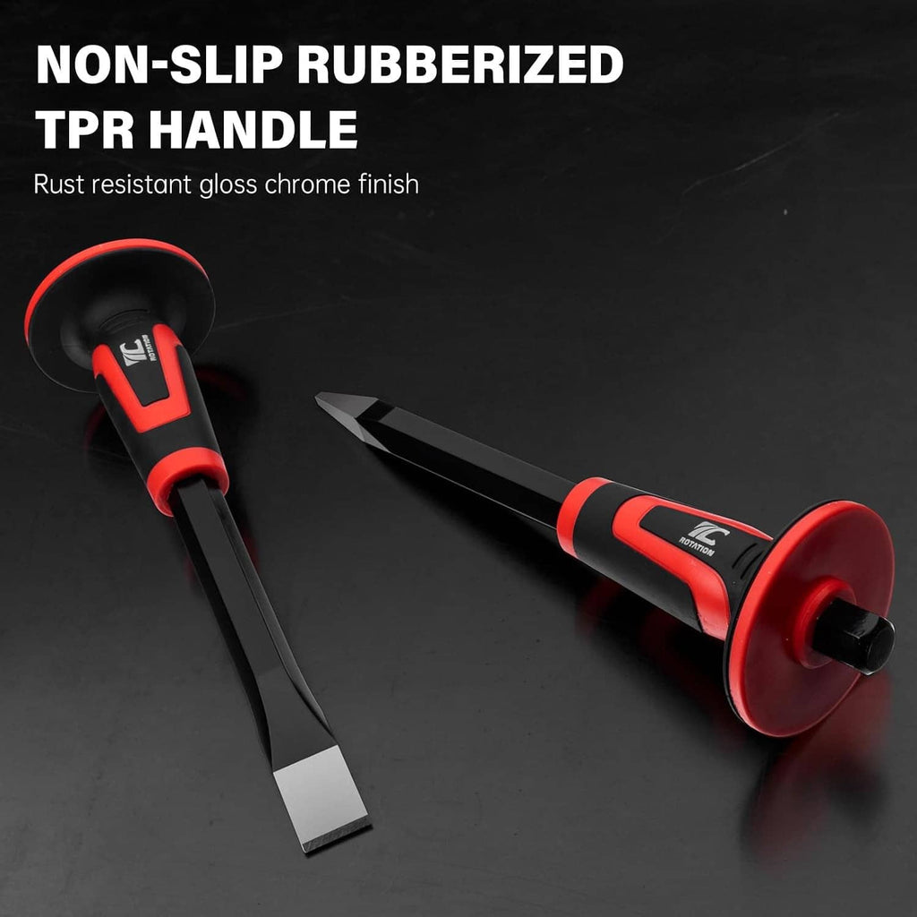 Masonry chisels with red/black handles and guards, pointed and flat tips